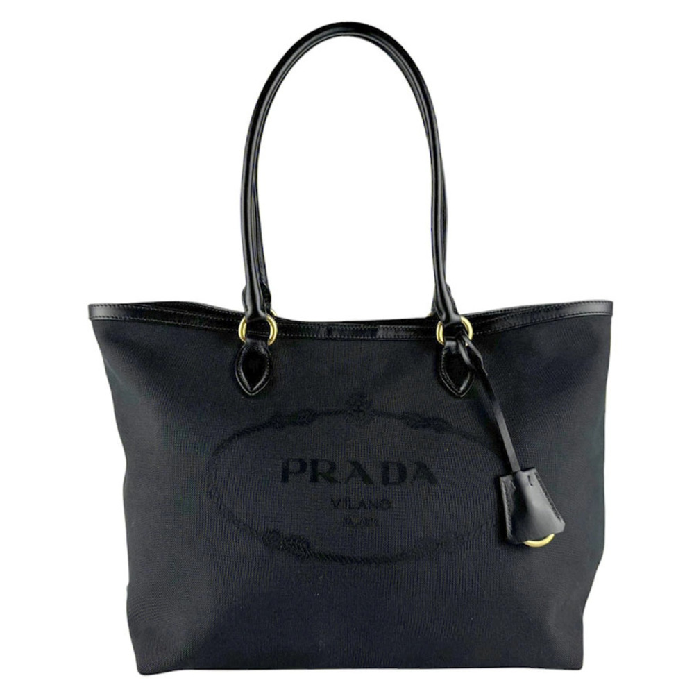 Prada Shoulder Bag Tote Canvas Leather Black Gold
